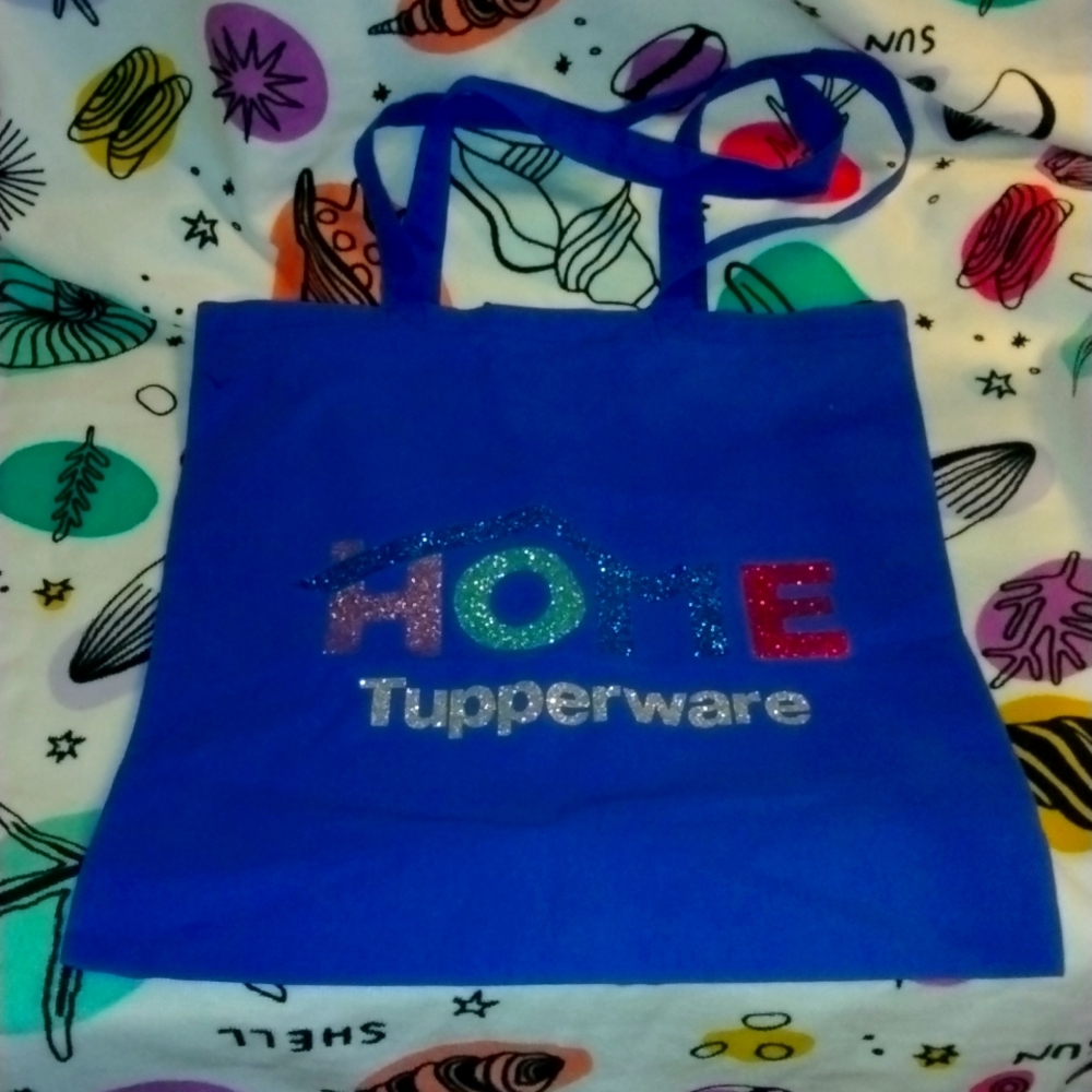 TUPPERWARE Logo HOME Glitter Basic Shopping, Tote, Book Catalog Bag Blue Sparkle